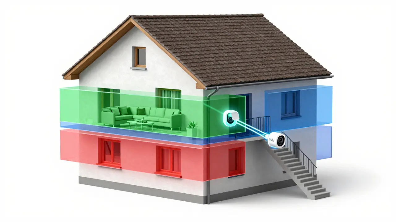 Querschnitt eines Hauses mit drei Mesh-Knoten und farblich gekennzeichneten VLAN-Netzwerken für verschiedene Gerätegruppen.