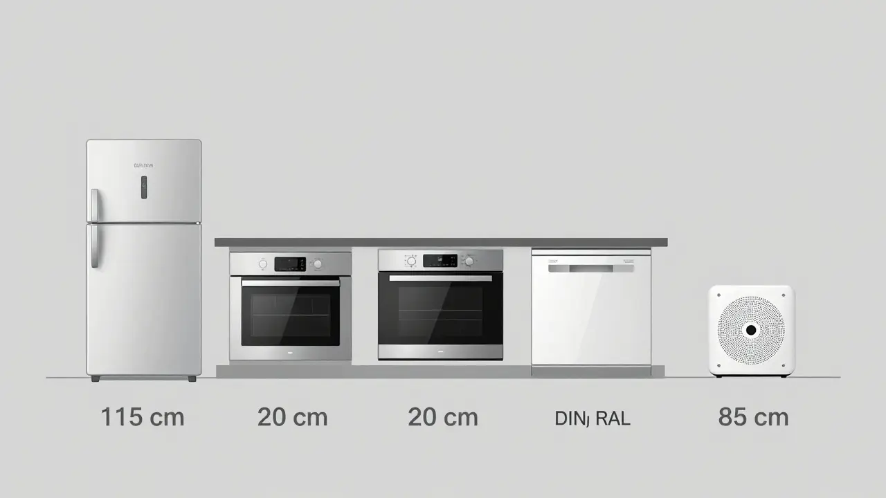 Schematische Darstellung der optimalen Steckdosenhöhen in der Küche: 115 cm, 20 cm und 85 cm über dem Boden mit Gerätesymbolen.