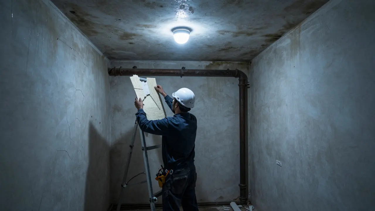 Schimmel und Wasserschäden in einer alten deutschen Wohnung, Reparaturarbeiten laufen.