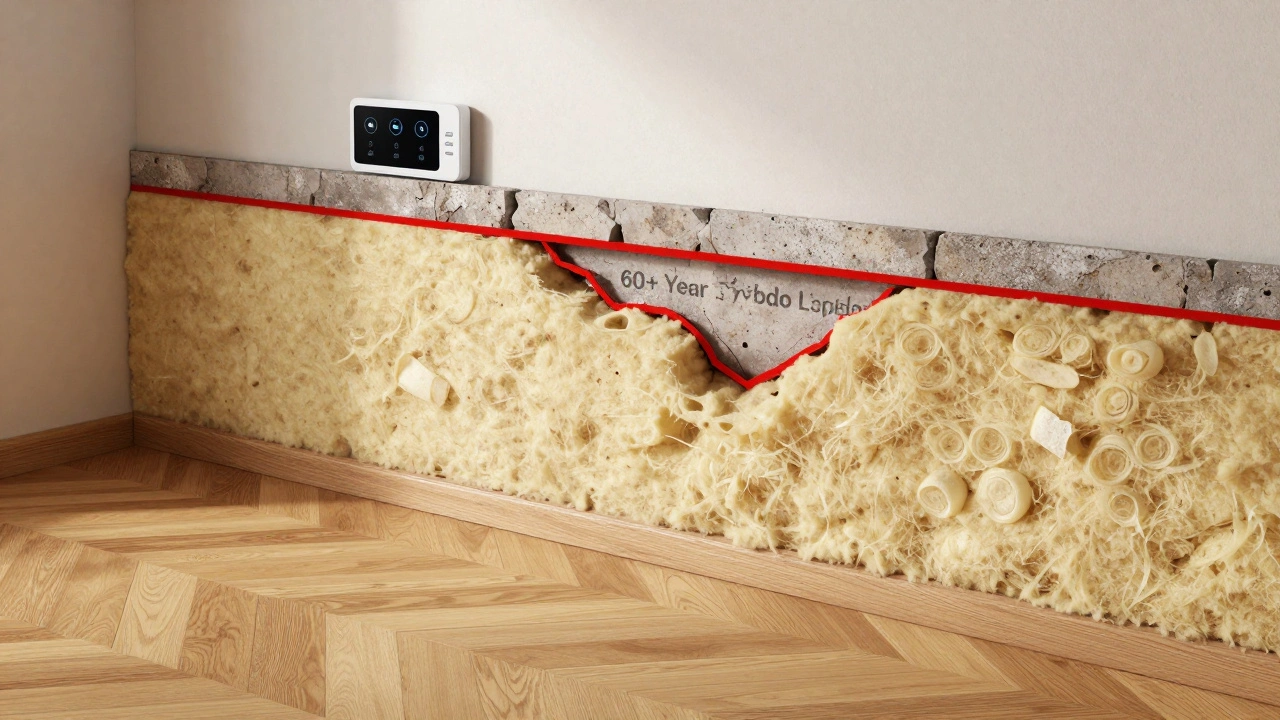 Schnitt durch Hauswand: moderne Mineralwolledämmung neben zerfallendem Styropor, mit Smart-Sensoren und Parkettboden.