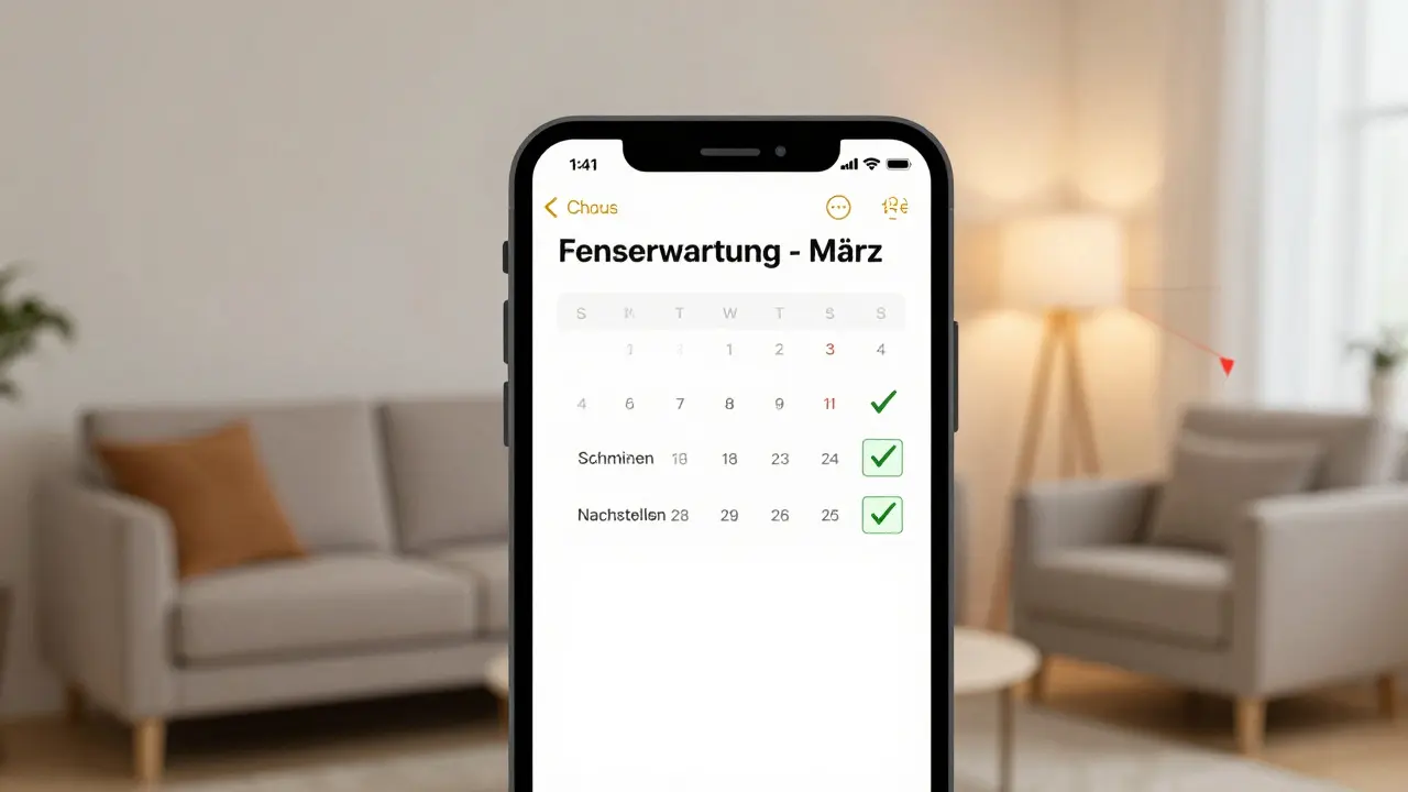 Smartphone-Kalender mit Fensterwartungstermin und Checkliste, warmes Wohnzimmer im Hintergrund.