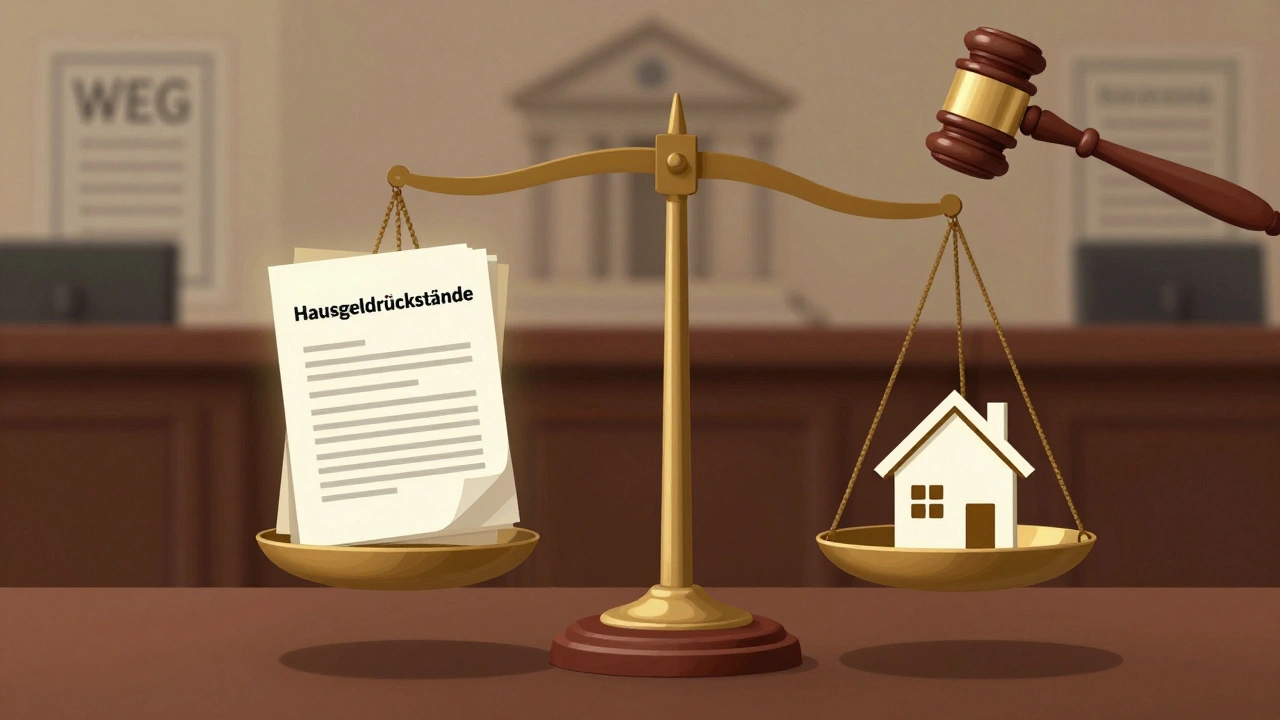 Waage der Gerechtigkeit mit Hausgeldforderungen gegenüber einem Haus-Symbol, symbolisch für Vorrang der WEG vor Banken.