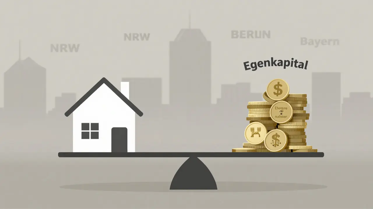 Waage mit Haus und Kosten-Münzen, Bundesländer mit unterschiedlichen Steuersätzen als Schatten.