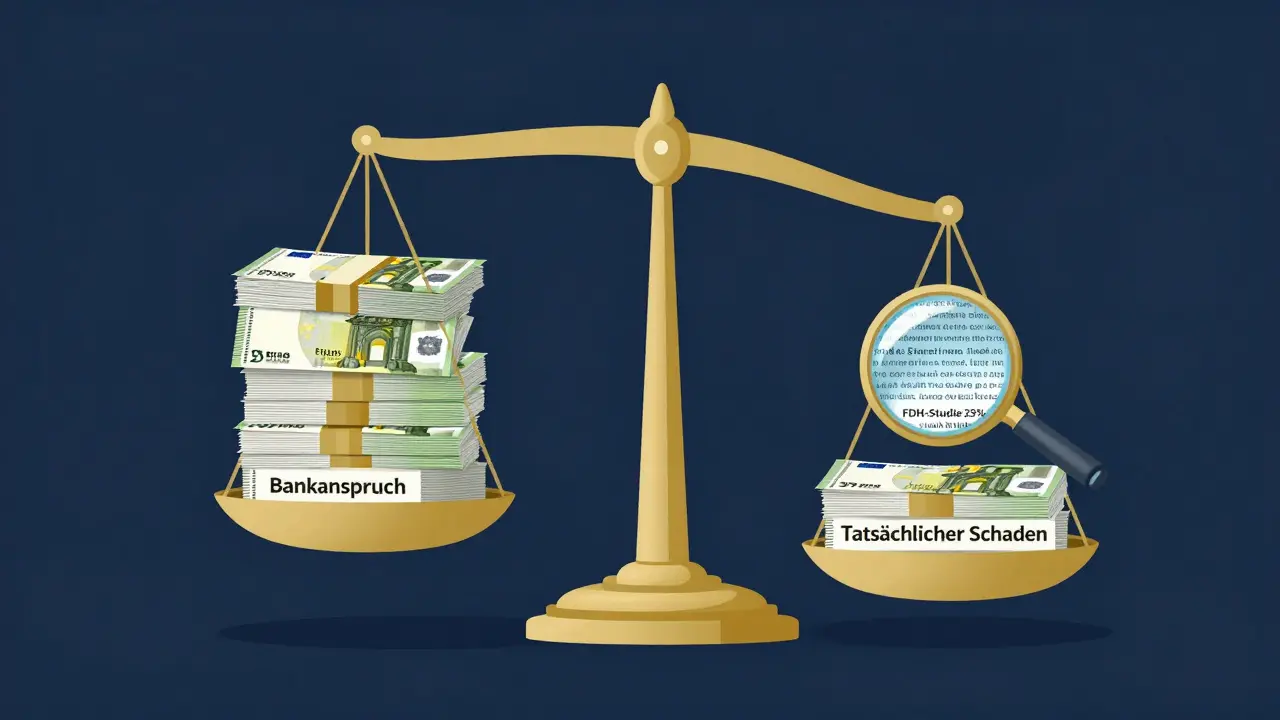 Waage mit übertriebenem Bankanspruch und tatsächlichen Schaden, mit Hinweis auf gesetzliche Rechte.