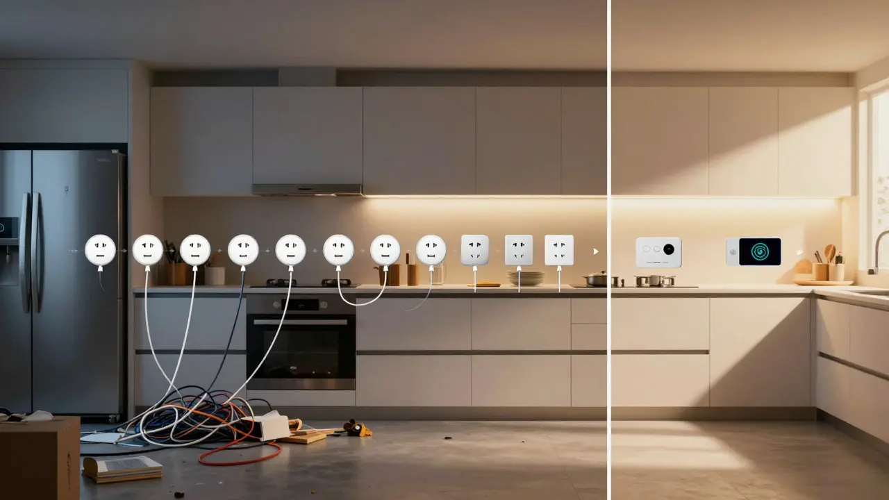 Zeitliche Entwicklung der Küchensteckdosen: von überlastet 1990er Jahren über modern 2024 bis zu zukunftssicher 2040.