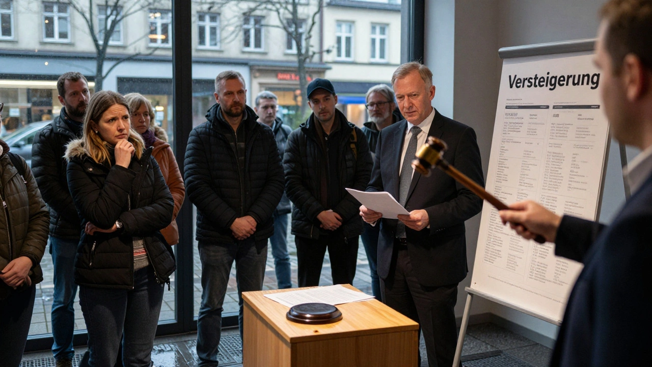 Zwangsversteigerung einer Wohnung in Deutschland, Hammer fällt auf Immobilienauktion, Zuschauer beobachten.