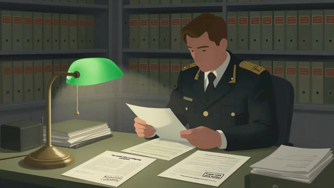 Amtsmitarbeiter prüft Originalunterlagen für Grundbuchberichtigung.