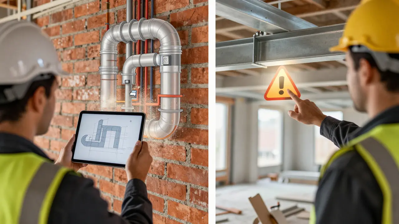 Arbeiter mit iPad Pro sieht digitale Leitungen als Überlagerung auf einer realen Wand.