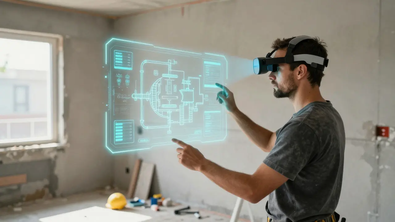 Bauer trägt HoloLens 3 und sieht digitale Rohrleitungen als Hologramm auf der echten Wand.
