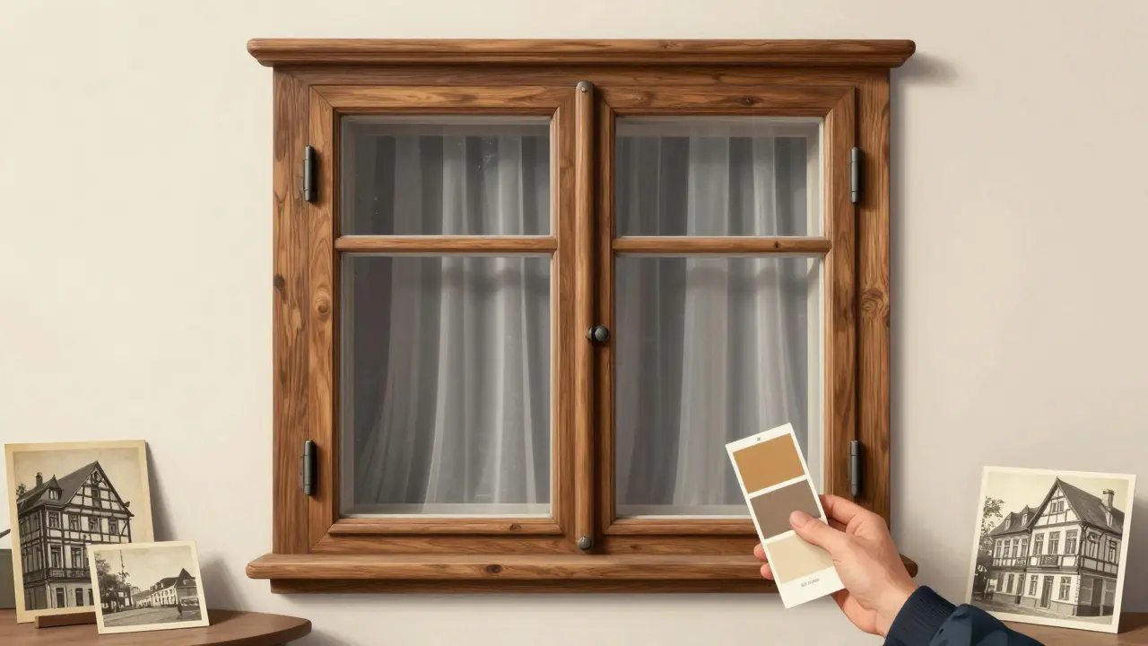 Denkmalpfleger hält historische Farbprobe neben einem neu installierten, originalgetreuen Holzfenster mit unsichtbarer Wärmedämmung.