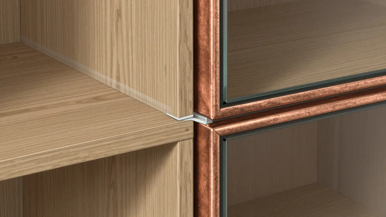 Detailansicht der Übergänge zwischen Holz, patiniertem Metall und Glas mit sichtbarem Silikondichtungsfugen.