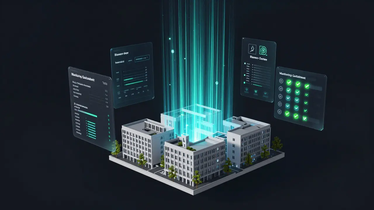 Digitaler 3D-Baumodell mit Echtzeit-Datenströmen für Luftdichtheit, Temperatur und Energieverbrauch während einer Großsanierung.