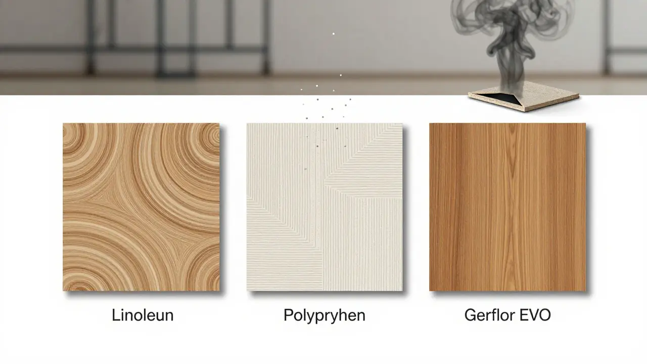 Drei verschiedene PVC-freie Bodenbeläge nebeneinander: Linoleum, Polypropylen und LVT-Imitation, mit Luftschadstoffen, die sich auflösen.