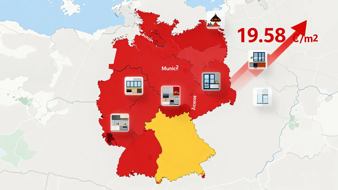 Dynamische Deutschlandkarte mit farbigen Mietlücken und Icons für Modernisierungen, mit steigendem Mietwert über Berlin.