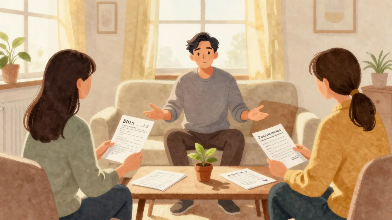 Ein Mediator sitzt zwischen zwei Wohnungseigentümern, die Dokumente über Heizkosten und Gesundheit zeigen.