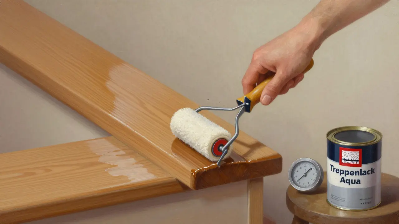 Eine Hand streicht wasserbasierten Treppenlack auf eine geschliffene Stufe, Holzmaserung sichtbar, Werkzeuge im Hintergrund.