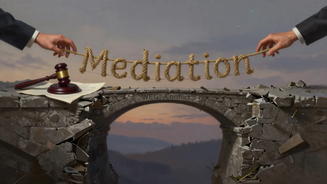 Eine zerbrechliche Seilbrücke aus Briefen verbindet zwei Seiten eines Konflikts, eine Seite mit Gerichtsbarkeit, die andere mit menschlicher Verständigung.