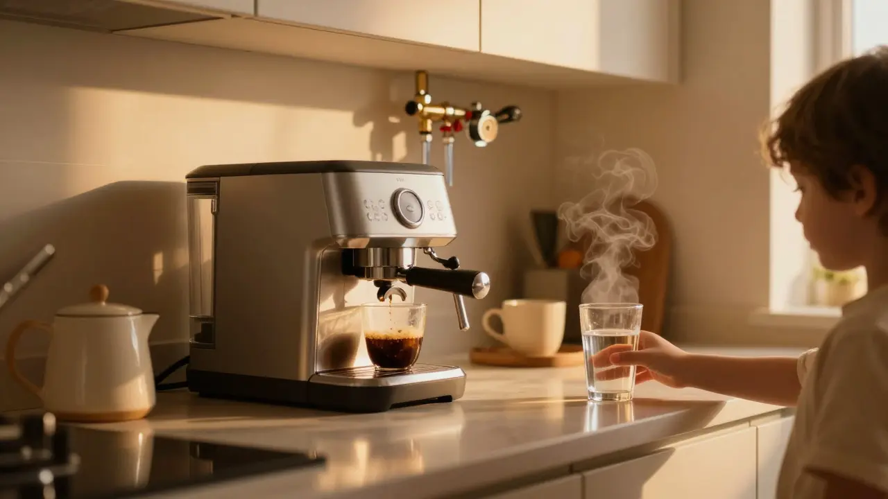 Familie in der Küche, Kaffee einschenkend, unsichtbarer Wasserfilter und Druckregler hinter den Schränken.