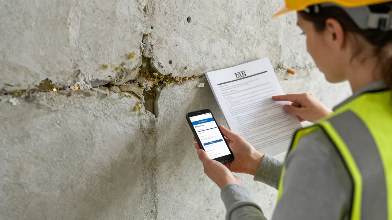 Feuchte Wand mit Schimmel, Bauherrin prüft Baunormen mit Smartphone.