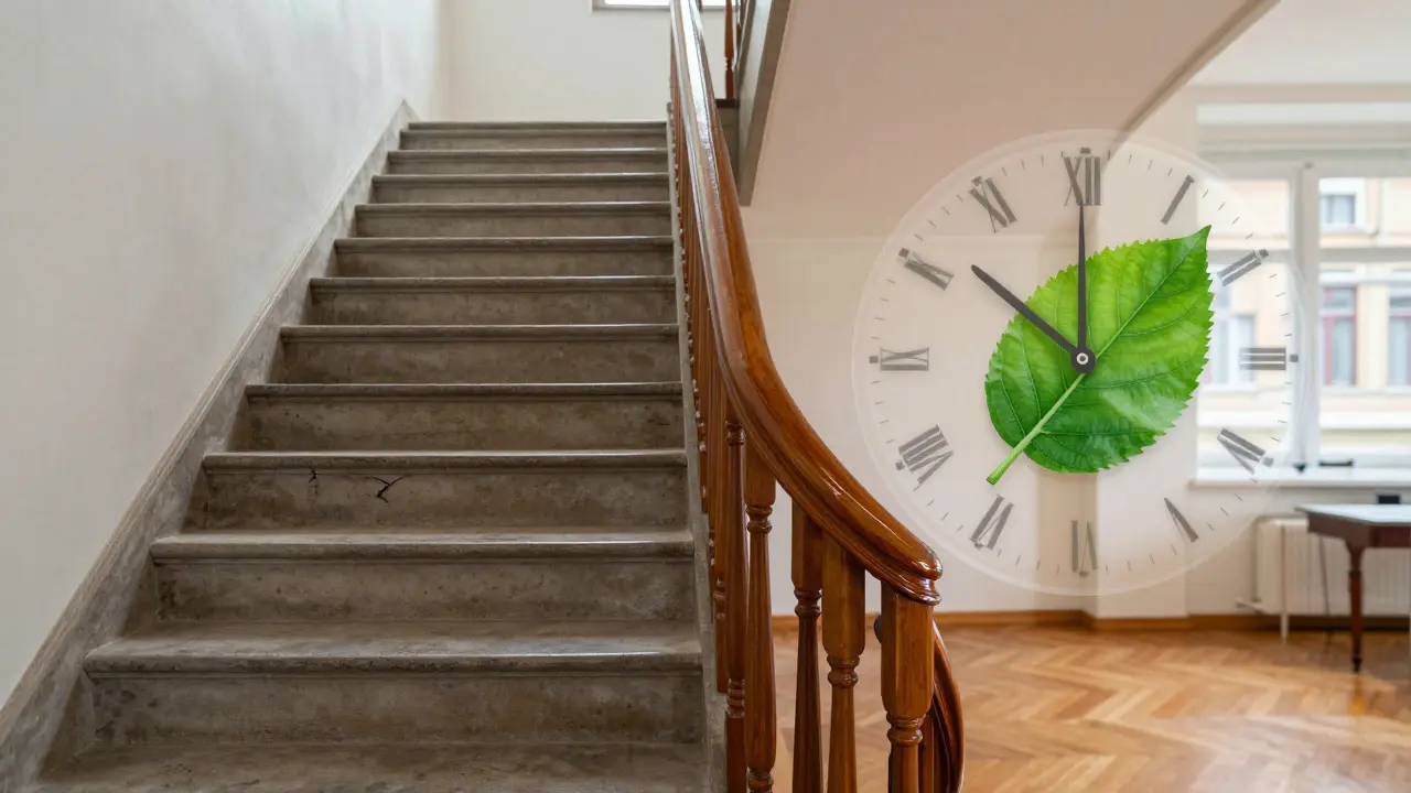 Gesplittete Treppe: links verwittert, rechts neu lackiert, mit Symbolen für Zeit und Nachhaltigkeit.