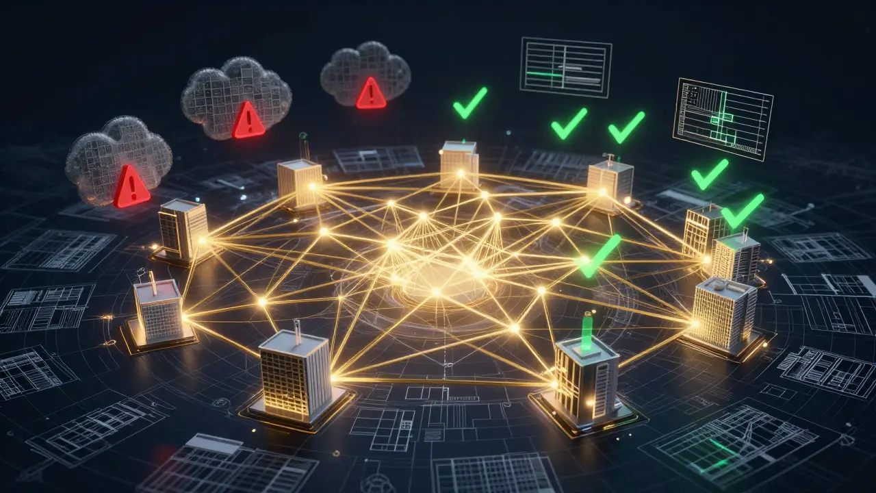 Glowing neural network verbunden mit Bauplänen, zeigt den Einfluss von Datenqualität auf KI-Genauigkeit.