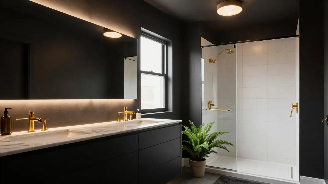 Großes Badezimmer mit dunkelgrauen Wänden, goldenen Armaturen und weißem Marmor, durchflutet von Tageslicht.