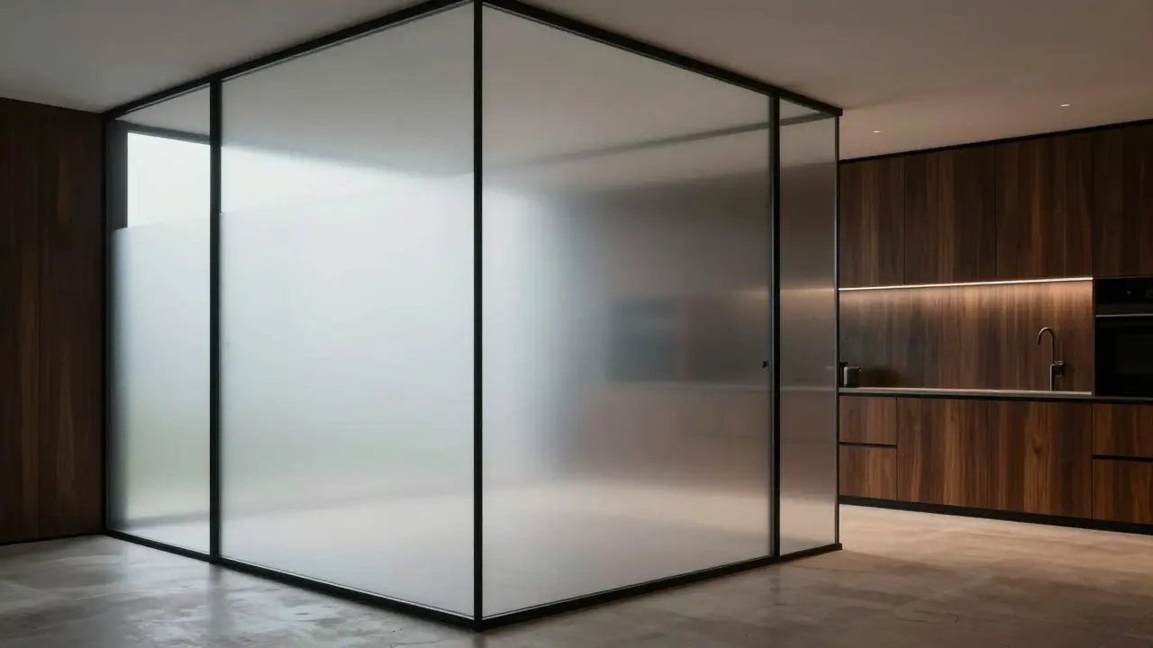 Intelligente Glaswand, die von durchsichtig zu matt wechselt, kombiniert mit Eichenholz und Stahlrahmen.