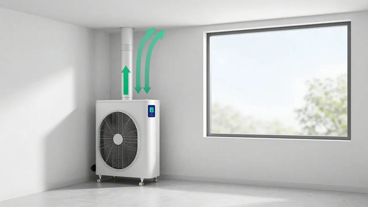 Moderne Kellerlüftungsanlage zirkuliert trockene Luft, Schimmelfreiheit, Hygrometer zeigt 52% Luftfeuchtigkeit.