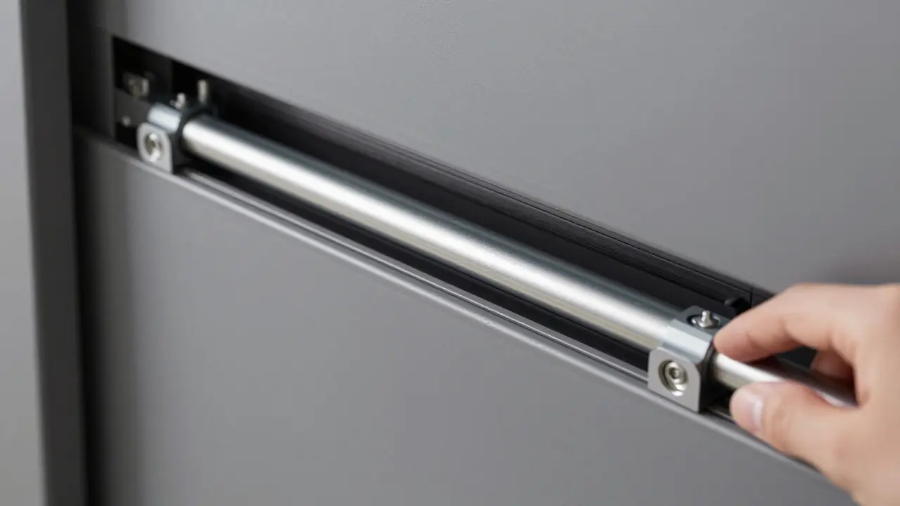 Nahaufnahme der hochwertigen Laufschiene einer Schiebetür mit integriertem Kabelkanal und sanft gleitendem Türblatt.