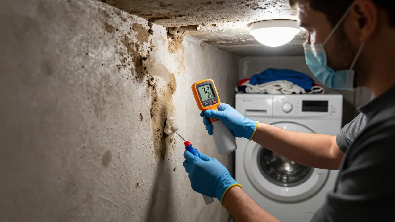 Person mit Schutzmaske entfernt Schimmel aus Kellerwand, Waschmaschine im Hintergrund, Feuchtigkeitsmesser zeigt hohe Werte.