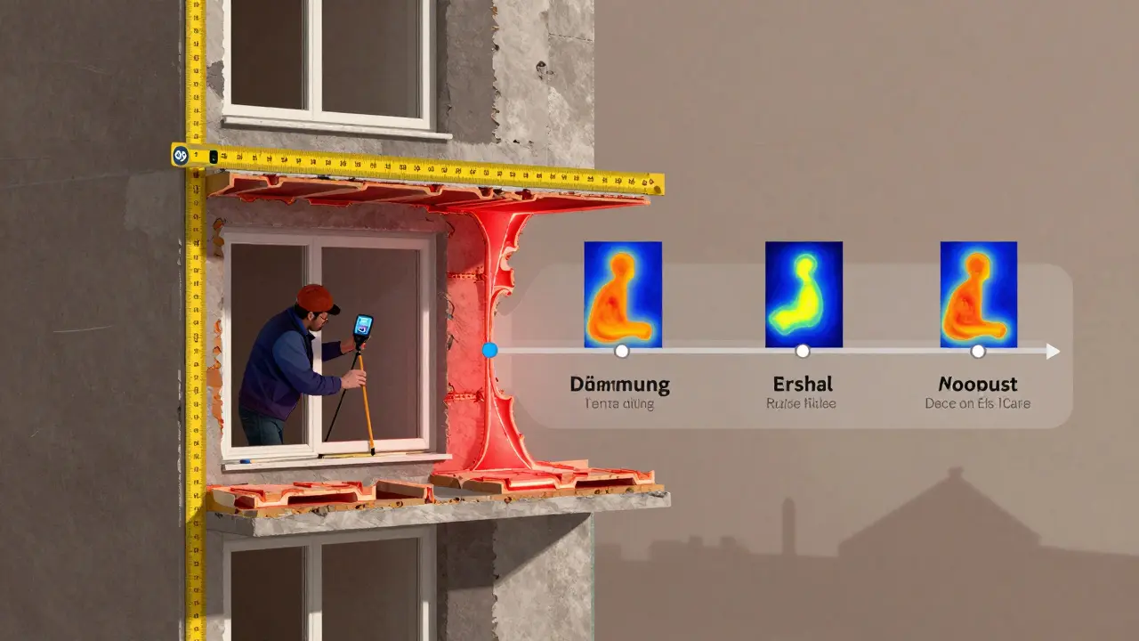 Querschnitt eines Gebäudes zeigt kontrollierte Dämmung, Fensterdichtungen und thermografische Messpunkte entlang eines Sanierungsprozesses.
