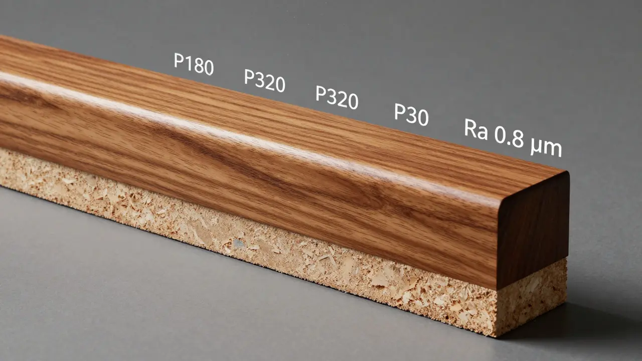 Querschnitt eines polierten Holzfußleistenprofils, zeigt den Übergang von rau bis zu einem glatten Ra 0,8 µm-Finish.