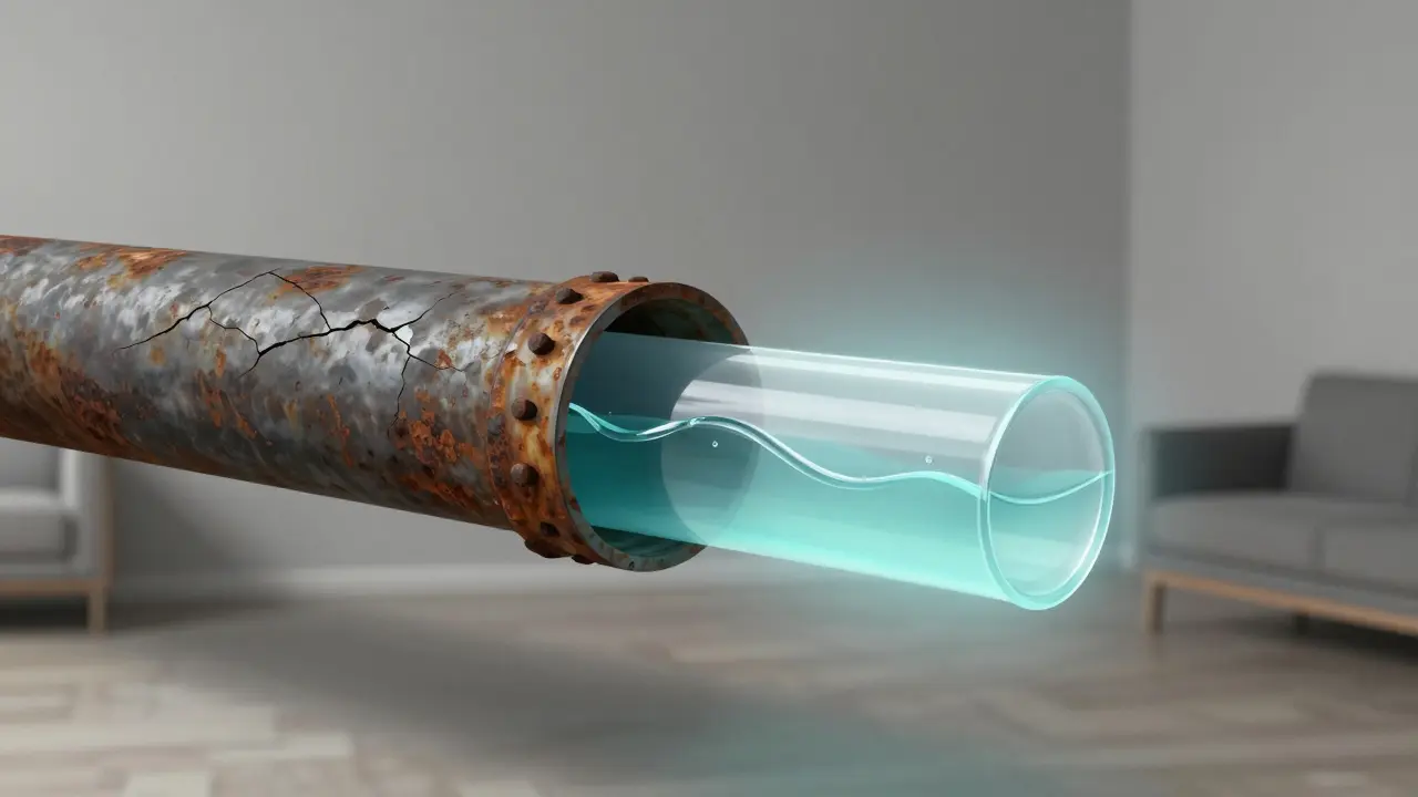 Querschnitt eines sanierierten Rohrs mit glatter Innenbeschichtung und fließendem Wasser.