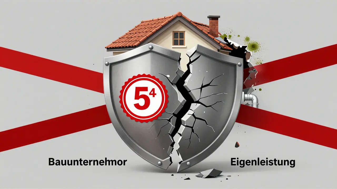 Rechtlicher Schutz bricht auseinander bei Eigenleistung, mit Schäden am Haus.