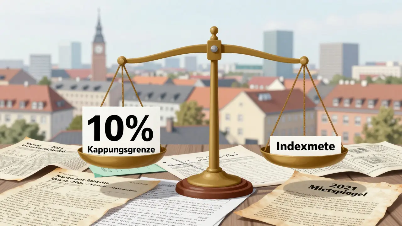 Rechtsskala mit Mietpreisbremse, Kappungsgrenze und Indexmiete, umgeben von veralteten Unterlagen und Stadt-Silhouetten.