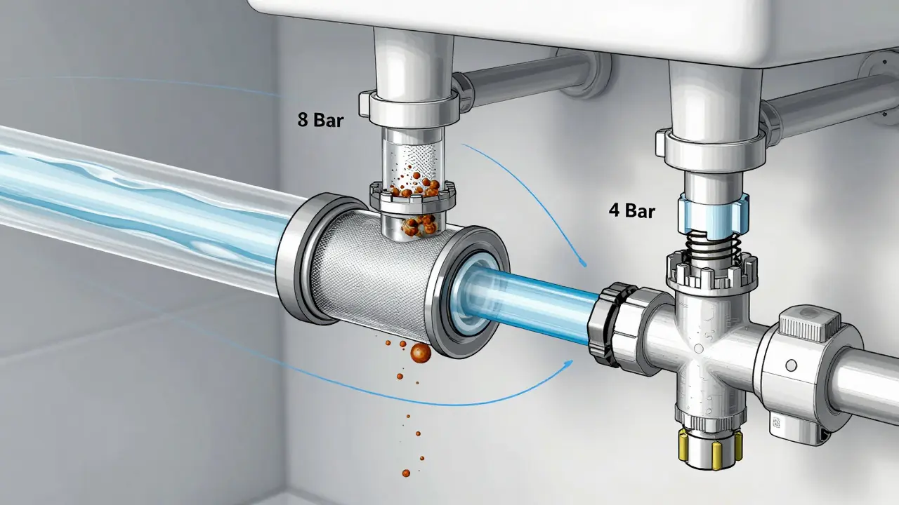 Schematische Darstellung von Wasserfluss durch Filter und Druckminderer mit Partikeln und Druckänderung.