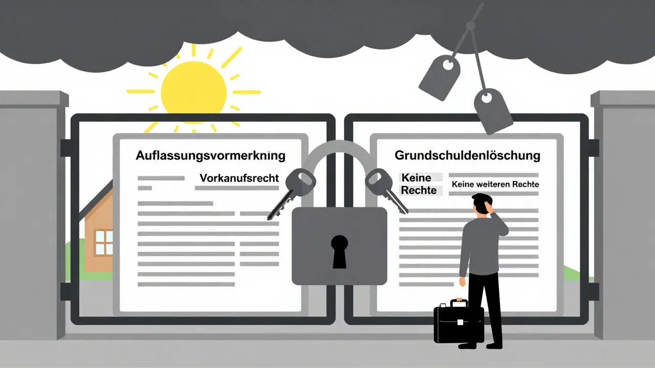 Schloss aus rechtlichen Dokumenten mit vier Schlüsseln, dahinter ein Haus.