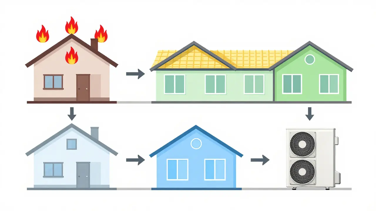 Schritt-für-Schritt-Diagramm der energetischen Sanierung: Dämmung, Fenster, Heizung.