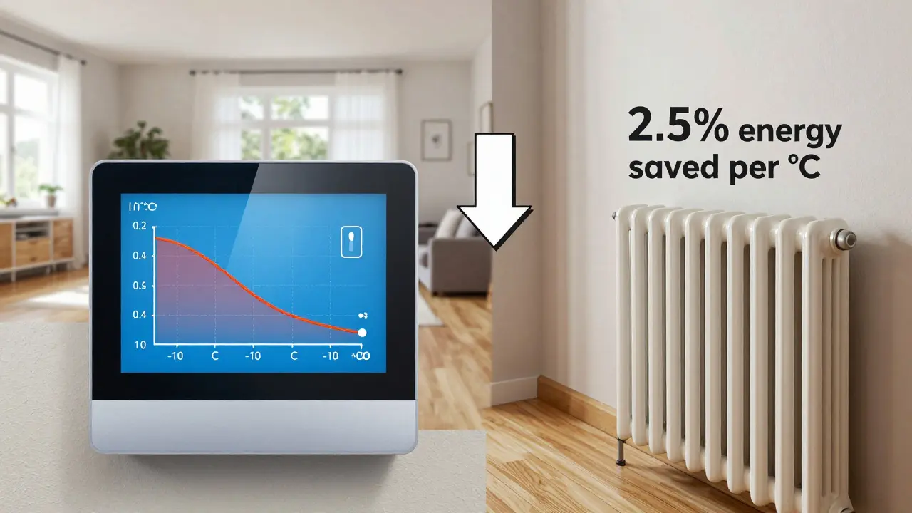 Smart-Thermostat mit Heizkurve-Graph, Vergleich moderner und alter Heizung, Pfeil mit Energieeinsparung.