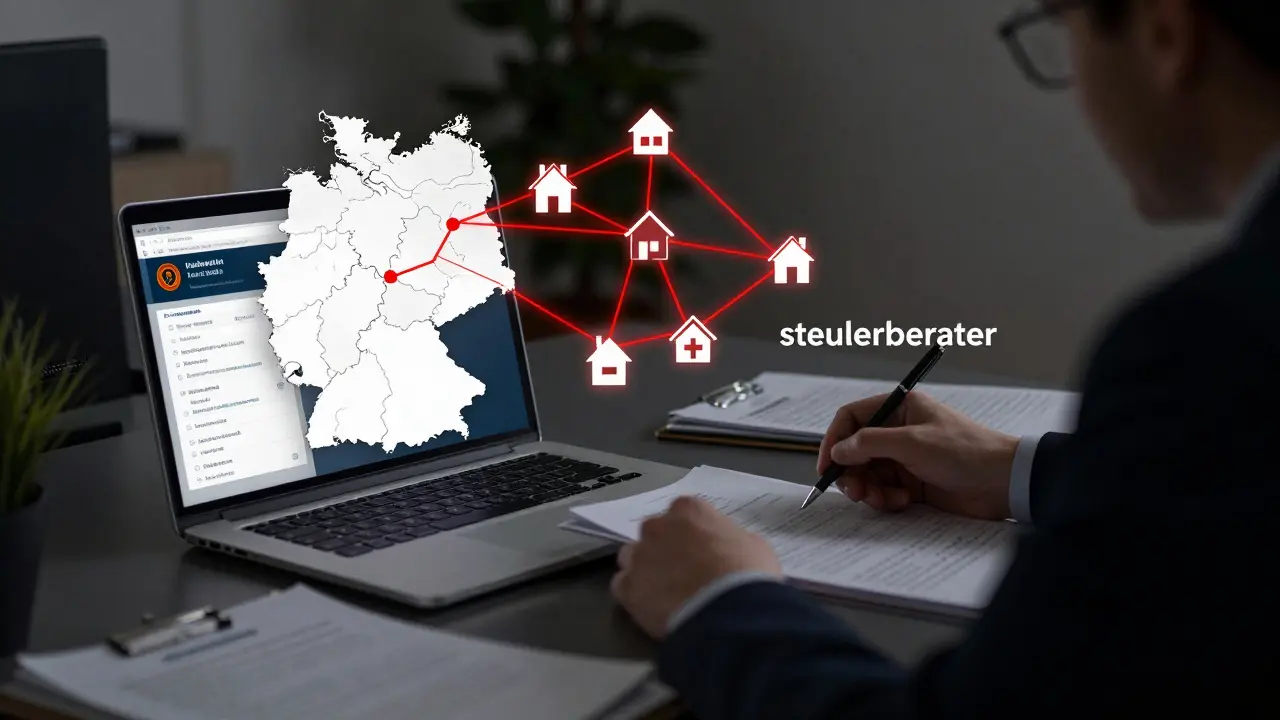 Steuerbehörde mit Dokumenten, Online-Anzeigen und Karte, die Immobilienverkäufe in Deutschland verbindet.