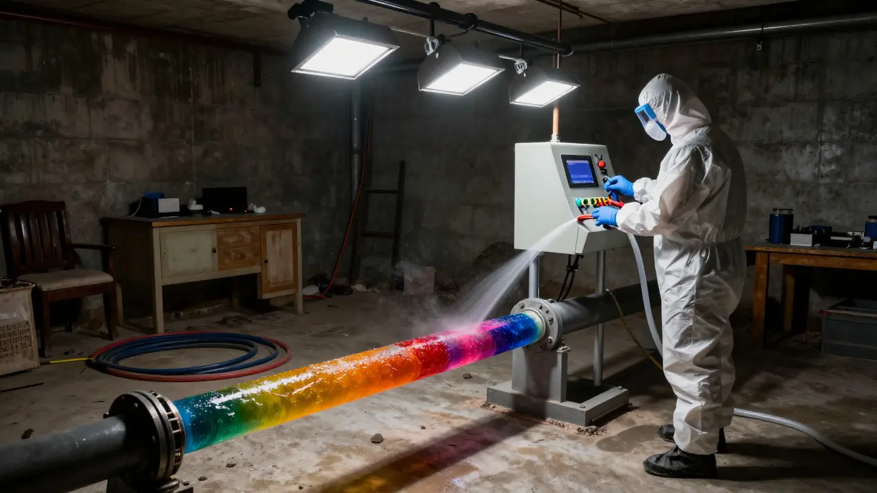 Techniker sprüht Harz in eine Rohrleitung, ohne Wandöffnungen.