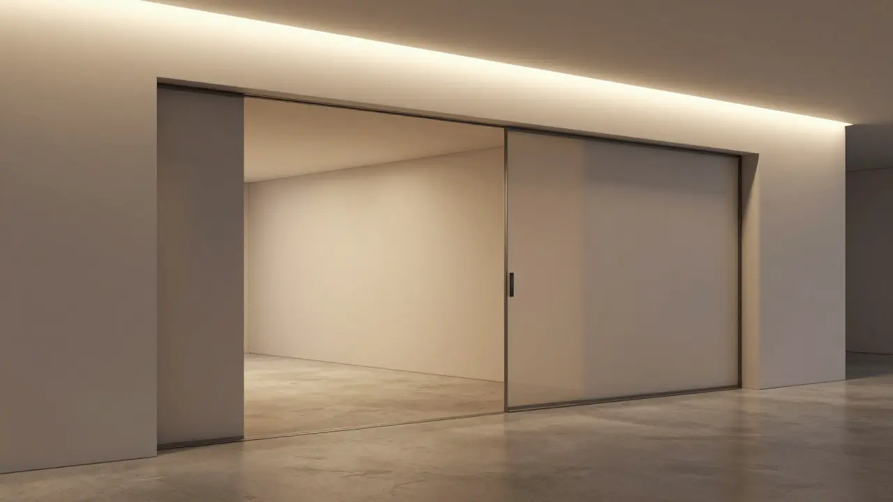 Versenkbare Schiebetür, die komplett in die Wand gleitet und den Raum optisch vergrößert.