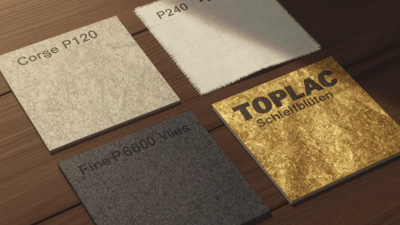 Vier verschiedene Schleifmaterialien auf Holzoberfläche, jeweils mit unterschiedlicher Körnung und Textur dargestellt.