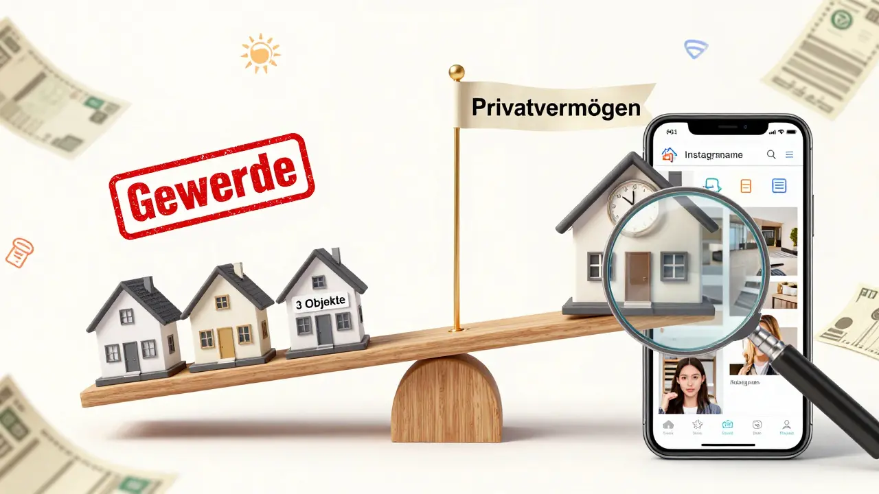 Waage mit drei Häusern und Gewerbestempel gegenüber einem Haus mit 10-Jahres-Uhr und Privatvermögen-Schild.