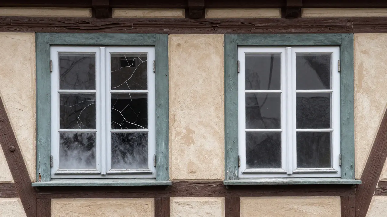 Zwei Seiten eines Fachwerkfensters: links alt und undicht, rechts restauriert mit unsichtbarer Wärmeschutzfolie innen.