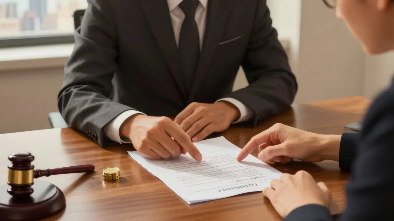 Anwalt und Klient diskutieren Kaufvertrag mit notariellen Siegeln