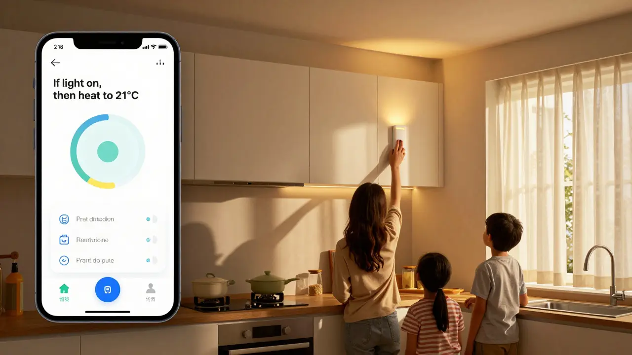 Aufteilung: App-Regel links, automatische Licht- und Heizungssteuerung rechts im Wohnzimmer bei Abendlicht.