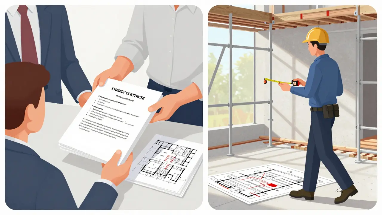 Aufteilung der behördlichen Abnahme: Unterlagenübergabe und Baustellenkontrolle im Vergleich.