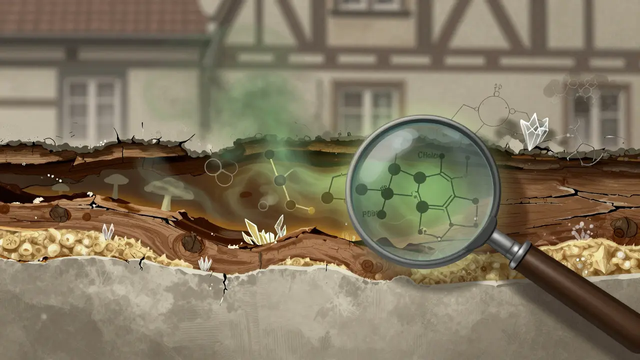 Cross-section of an old house wall revealing toxic PCP-emitting wood beneath modern insulation, with chemical vapors rising.