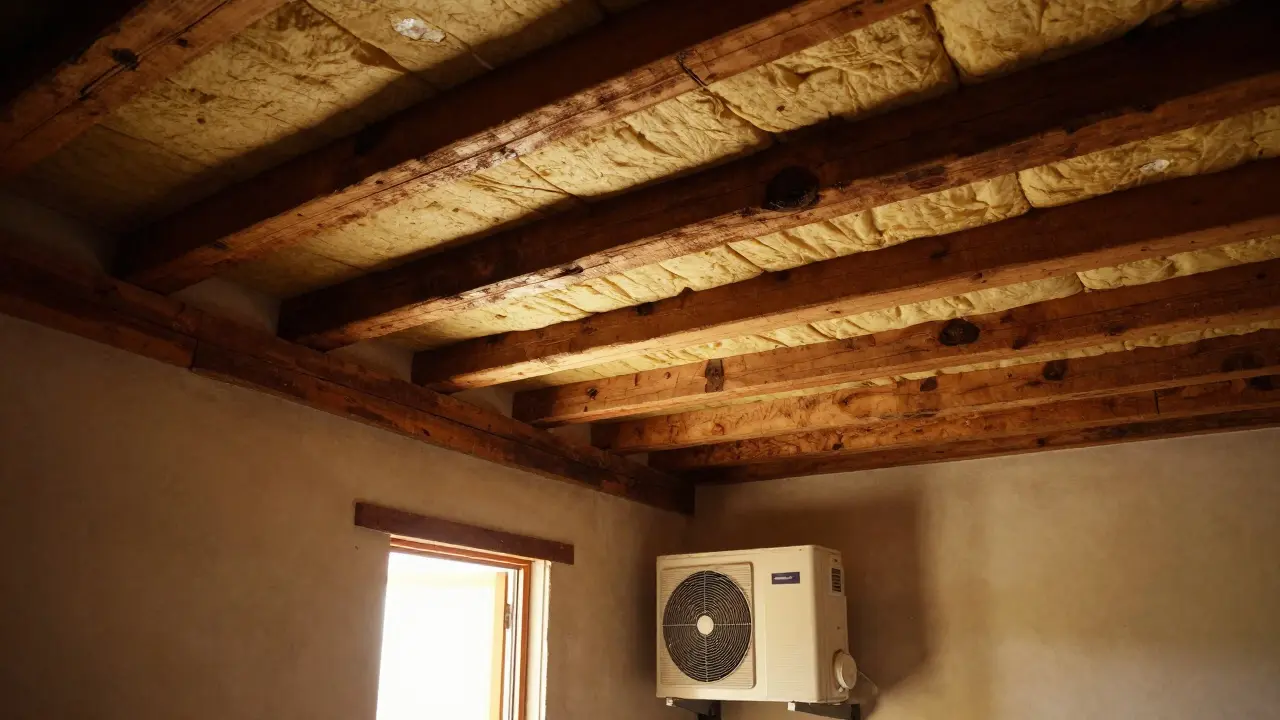 Dachdämmung zwischen Holzbalken in einem denkmalgeschützten Gebäude mit Wärmepumpe im Keller